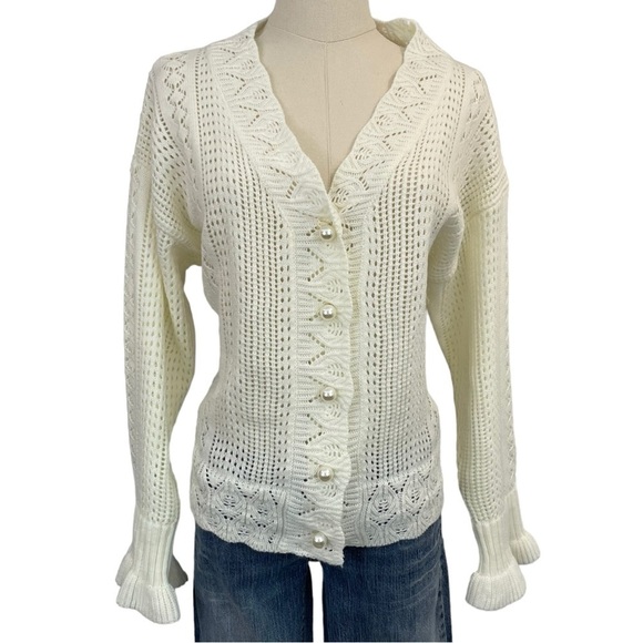 Oni Sweaters - Oni Open Knit Cardigan Sweater Womens M Cream Crochet Grandma Pearl Buttons! EUC